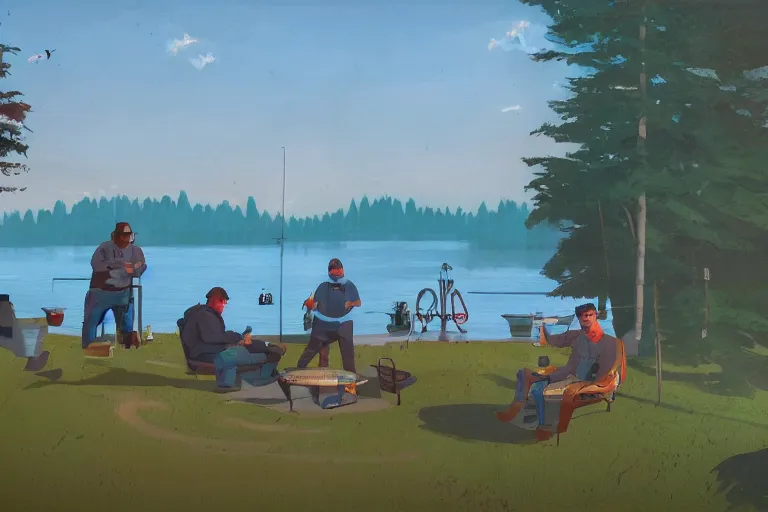 Image similar to mid - thirties guys binge drinking and fishing in front of a lake, in the style of simon stalenhag