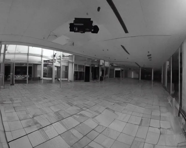 Prompt: camera footage of an abandoned shopping mall occupied by huge spiders, high exposure, dark, monochrome, camera, grainy, CCTV, security camera footage, timestamp, zoomed in, fish-eye lense, spiders!!!!,