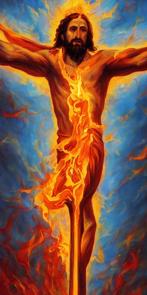 Image similar to Concept art of flaming Jesus on the cross, trending on artstation, oil on canvas, vivid color, ultra detailed.