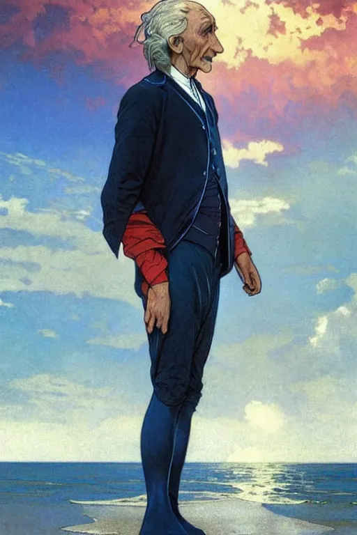 Image similar to the first doctor, william hartnel on a beach, wearing a blue shirt with horizontal rainbow stripe, the ocean in the background, swirling colourful stars in the background, art by artgerm and greg rutkowski and alphonse mucha