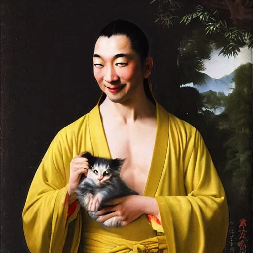 Prompt: A beautiful young Asian man with long shiny hair, light skin color and big green eyes in a beautiful traditional Chinese robe, holding a white fluffy kitten and watching dolphins playing in the pool, he is a prince and a serious person but is smiling, by Johannes Vermeer, Frank Frazetta and William Adolphe Bouguereau, fantasy, trending on artstation, amazing details, mtg, digital painting, concept art