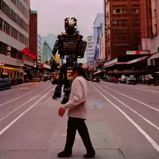 Image similar to photo of mech warrior walking on busy street, cinestill, 8 0 0 t, 3 5 mm, full - hd