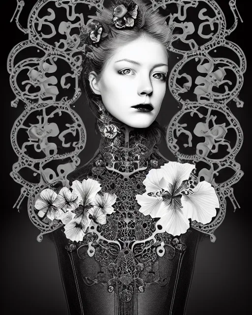 Image similar to monochrome profile portrait painting, dutch masters, silver lace floral steampunk biomechanical beautiful young female cyborg with one fluo techno eye, monocular, volumetric light, leaves foliage and stems, hibiscus flowers, rim light, big gothic fashion pearl embroidered collar, 8 k