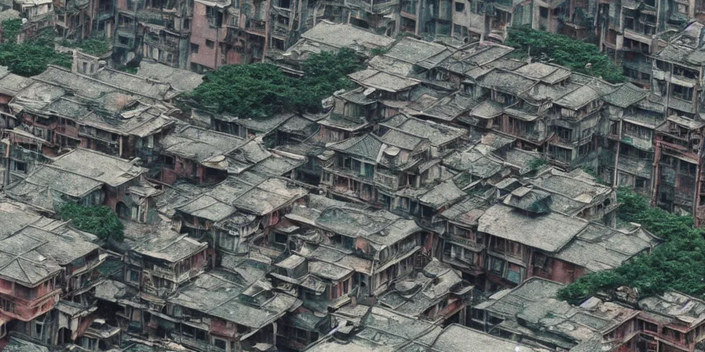 Prompt: studio ghibli film still of a forest city, kowloon walled city, ruined buildings, animals