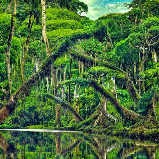 Image similar to magical trees and the amazon river in the amazon rainforest by anderson debernardi and pablo amaringo