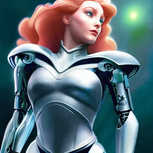 Image similar to high detailed close up of, energetic female cyborg Disney princess Aurora, wearing futuristic cybernetic battle armor, balance composition, dramatic lighting, 8k, painted by Alex Ross