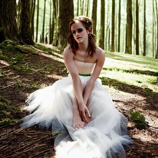 Image similar to photo of emma watson wearing a rainbow wedding gown sitting in a forest