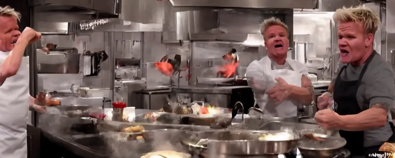 Prompt: Gordon ramsay kitchen nightmare yelling at a teenage boy with pimples cooking in a McDonald's kitchen, epic, cinematic