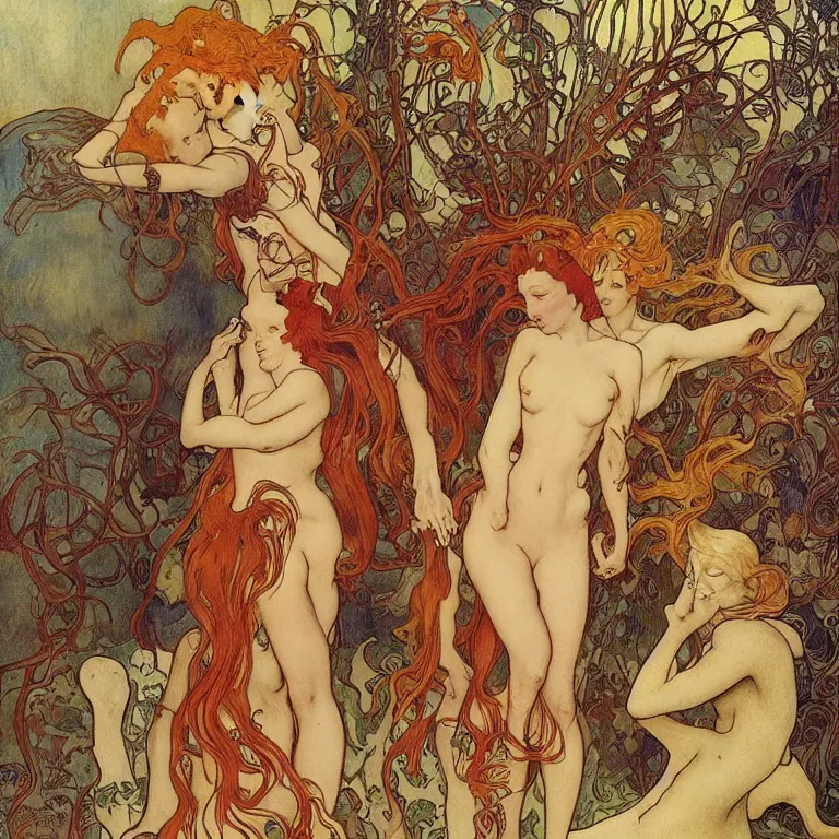 Image similar to A woman with red hair stands and hugs a blonde Anton Pieck,Jean Delville, Amano,Yves Tanguy, Alphonse Mucha, Ernst Haeckel, Edward Robert Hughes,Stanisław Szukalski and Roger Dean