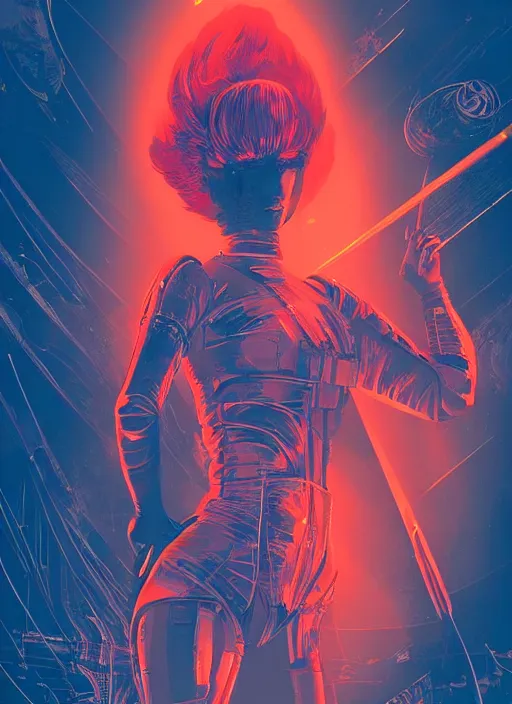 Image similar to a futuristic female geisha warrior, red hair made out of water, blade runner, akira, ghost in the shell, 2077, style of Laurie Greasley and Satoshi Kon + symmetric lights and smoke, psychedelic effects , glowing particles, neon rain, glowing runes, de-noise, symmetrical composition, high detailed + tarot card, ornate border, 8k,