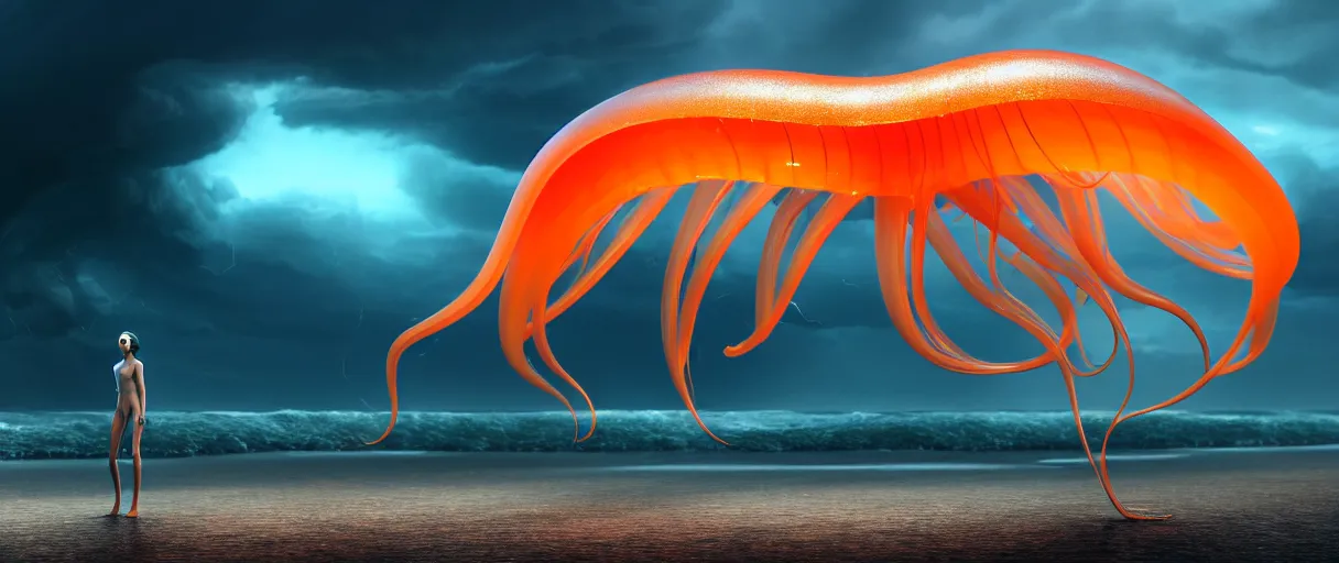 Image similar to a stunning cinematic extreme wide shot of an slick sleek smooth translucent jellyfish sea monster wearing clothes made of seaweed on a dark stormy beach, with huge luminous sad eyes, sharp claws, cgsociety, hd octane render, fantasy, artstation, deviantart, furaffinity, very very clean, super smooth, thunderclouds, thunderstorm