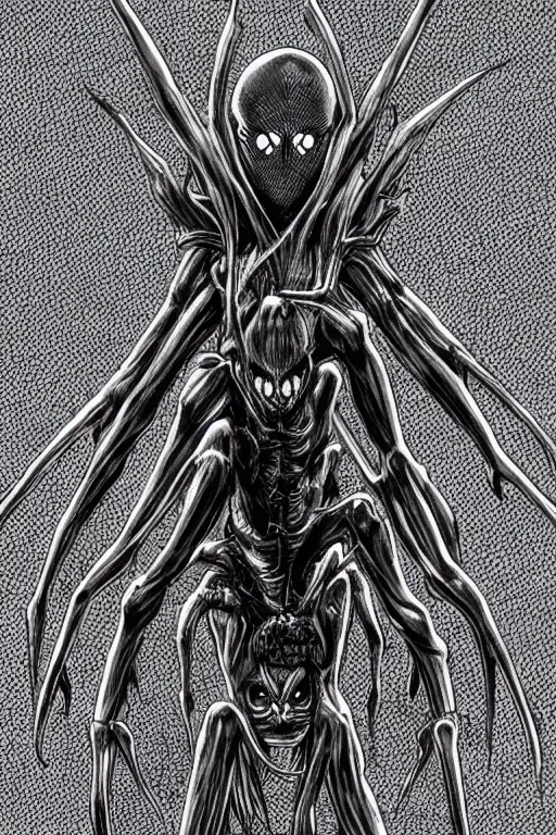 Image similar to spider humanoid figure monster, symmetrical, highly detailed, digital art, sharp focus, trending on art station, kentaro miura manga art style