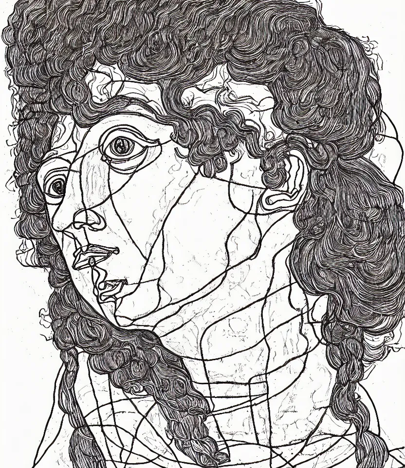Image similar to detailed line art portrait of joan of arc, inspired by egon schiele. caricatural, minimalist, bold contour lines, musicality, soft twirls curls and curves, confident personality, raw emotion