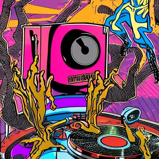 Image similar to svg sticker of a Pop-Wonder Groot-Marvel-Avenger at a rave, spinning records, giant headphones rocking out, wearing headphones, huge speakers, dancing, rave, DJ, spinning records, digital art, amazing composition, rule-of-thirds, award-winning, trending on artstation, featured on deviantart