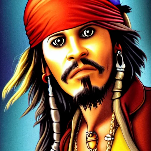 Prompt: Jack Sparrow as Guybrush Threepwood from Monkey Island, retro, 90\'s game