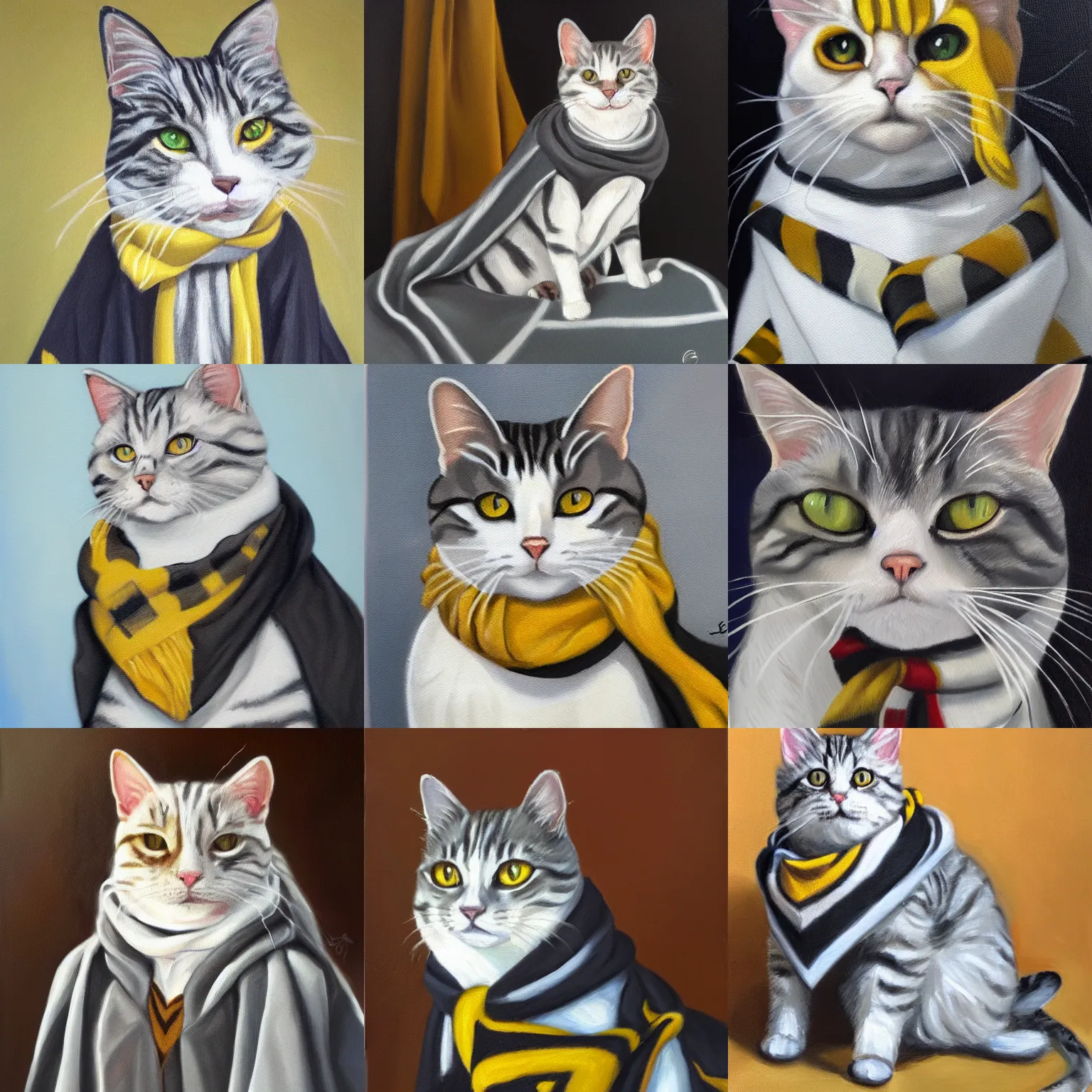 Prompt: Oil painting portrait of a white and grey tabby cat wearing hogwarts robes and a hufflepuff scarf