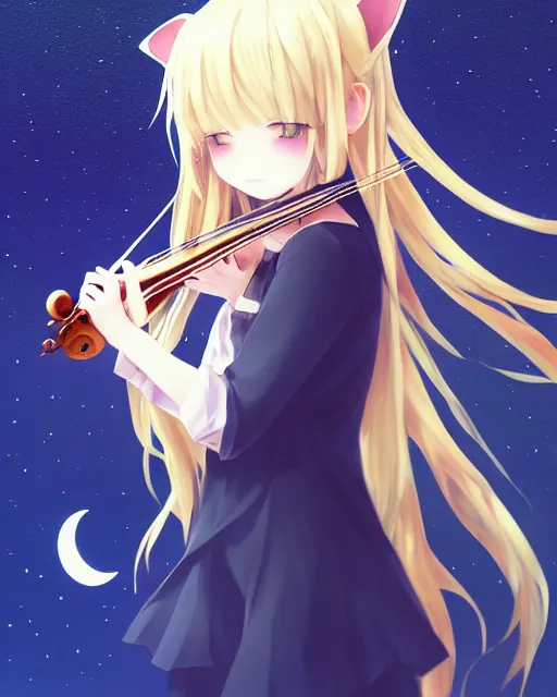 Image similar to chibi, cute, melancholy, full body, cat girl with white skin and golden long wavy hair holding a violin and playing a song, stunning art style, filters applied, lunar time, night sky, trending art, sharp focus, centered, landscape shot, fate zero, simple background, studio ghibly makoto shinkai yuji yamaguchi, by wlop