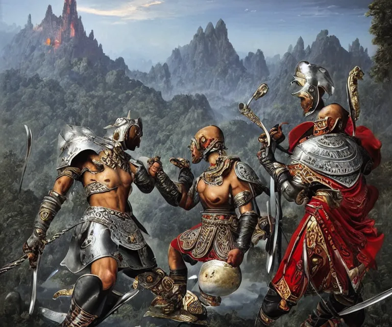 Prompt: wide angle shot from above of silver ornate armor slim muay thai handsome warriors in battle!!! mountains and giant gothic abbeys in the background, fine detail, 8 k, high contrast color scheme, blue at the background red at the foreground!!!, dynamic perspective, oil canvas by greg rutkowski and peter mohrbacher