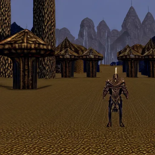 Prompt: among us imposter in morrowind, retro pc graphics, video game screenshot, retro 3 d, pc game, elder scrolls, morrowind