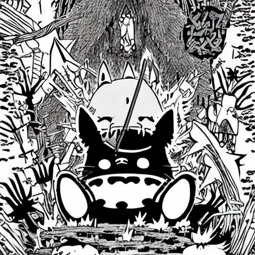 Image similar to totoro in a black metal band in a concert, dressed like band metal marduk, mayhem, burzum, immortal, a crowd cheering, a drummer, electric guitar, sparkles all around, fantasy digital art, wow, stunning, ghibli style, hight quality