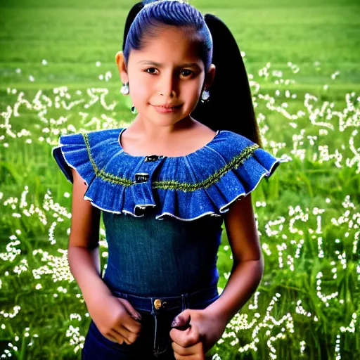 Prompt: a seven years old latin girl plays on a great green meadow, she wears a bolero, jeans and black boots, she has two ponytails, photo taken by a nikon, highly detailed, sharp focus