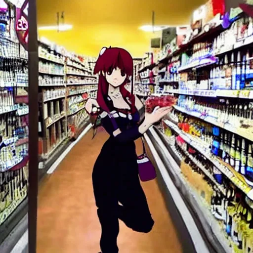 Image similar to anime catgirl cosplayer caught on security camera, robbing a liquor store