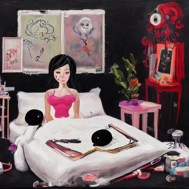 Image similar to a portrait in a female artist's bedroom, black walls, emo girl with a giant pig plushie, sheet music, berries, surgical supplies, pancakes, black flowers, sensual, octopus, neo - expressionism, surrealism, acrylic and spray paint and oilstick on canvas