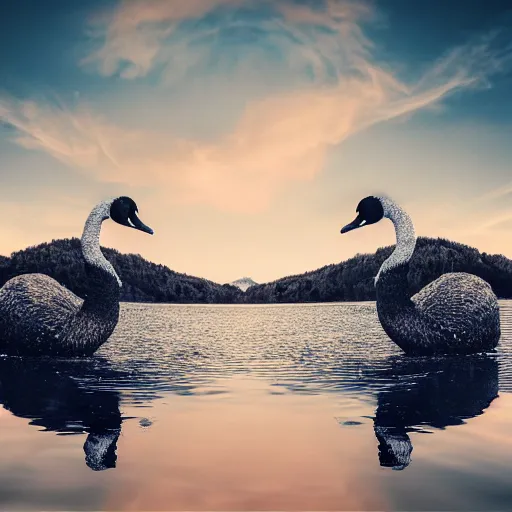 Image similar to photo of two black swans swimming in a beautiful reflective mountain lake, touching heads, forming a heart with their necks, a hot air balloon flying above the swans , granular detail, hot air balloon, intricate, portrait, 8k highly professionally detailed, HDR, CGsociety, octane render, 4k, f32,55mm photography, wide angle