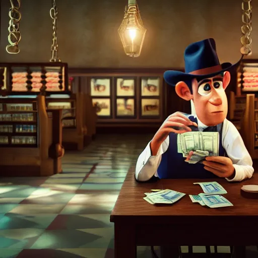 Prompt: portrait of bookmaker with money in hands sly cunning pixar style animation 3d extremely gloomy lighting, shining light and shadow, atmospheric, cinematic, unreal Engine, 8K