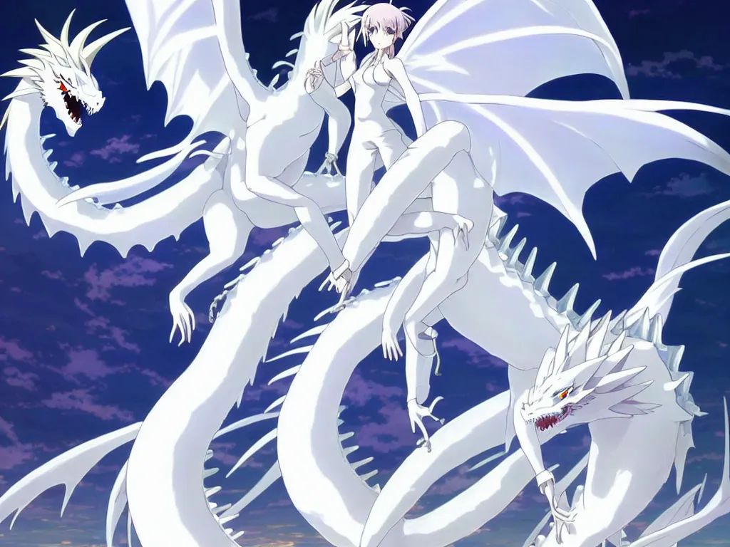 Image similar to anime art full body portrait character concept art, be surrounded by a huge silver white dragon center, in white clouds fairyland, anime key visual of white dragon and girl, finely detailed perfect face delicate, distant, style of raphael lacoste, trending on pixiv fanbox, james jean, studio ghibli, xision, extremely high quality artwork