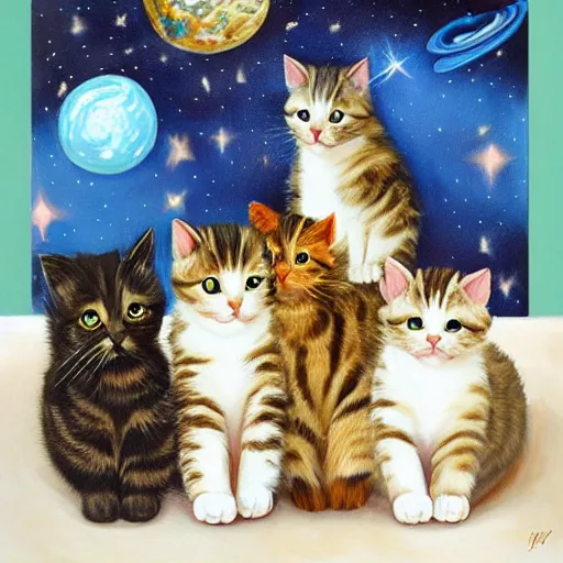 Prompt: realistic painting of cat and kittens in space