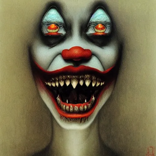 Image similar to evil beautiful female clown by Beksinski