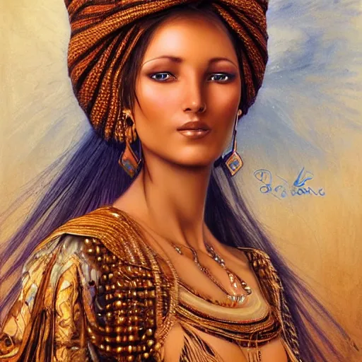 Image similar to a beautiful touareg algerian woman by karol bak, ayami kojima, artgerm, sakimichan, arabian beauty, blue eyes, smile, concept art, fantasy