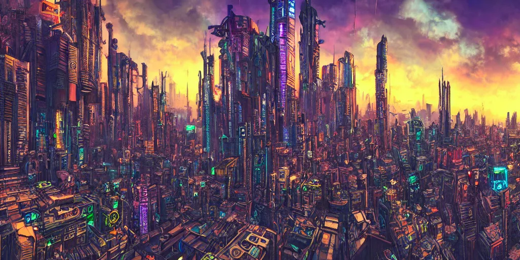 Image similar to streetview equirectangular 360 photo of cyberpunk metropolis, colorful, by Andy Thomas, Mario Martinez, Daniel Mirante, Gustave Dore, Artstation, CGsociety, masterpiece