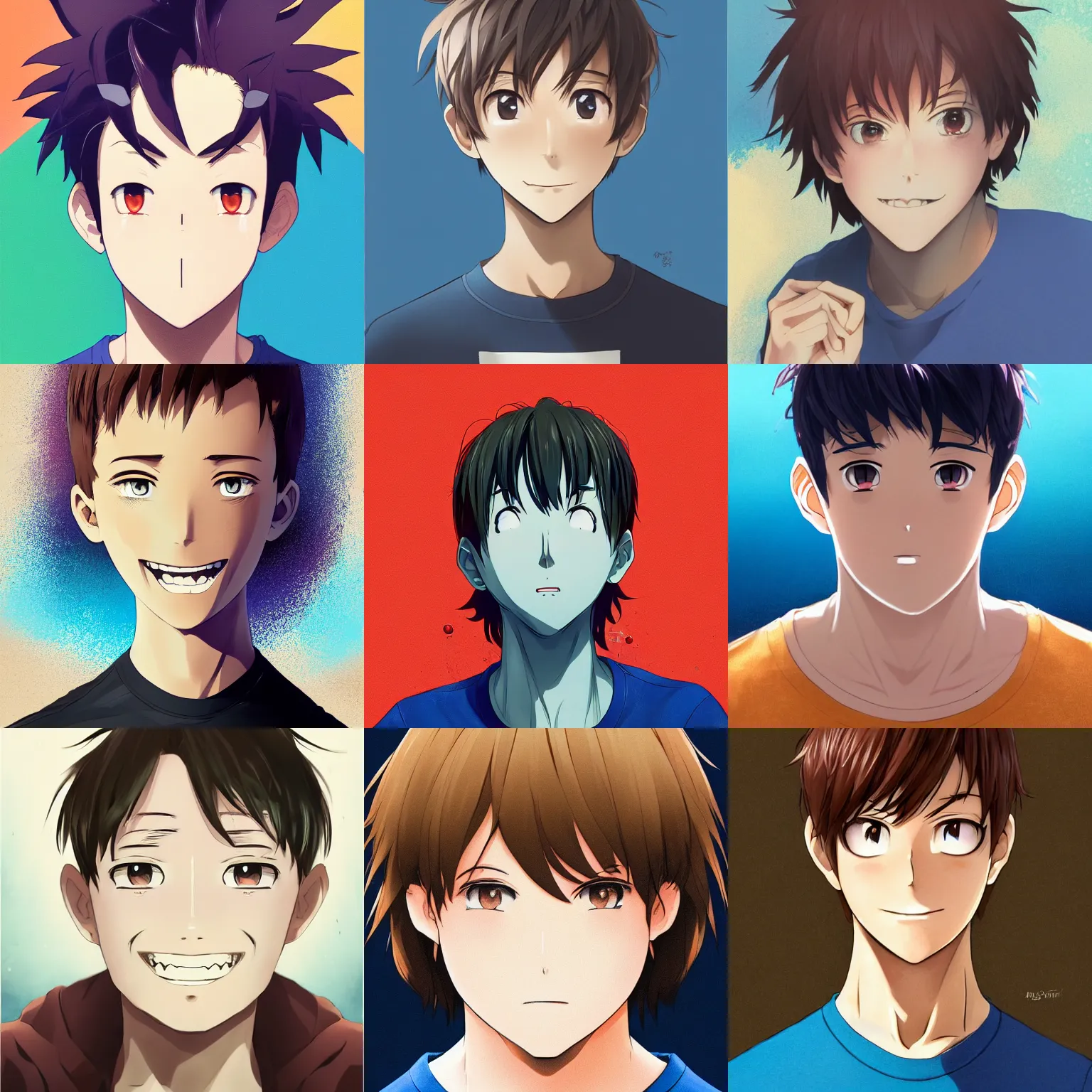 Prompt: A medium shot anime portrait of a happy anime man with extremely short walnut hair and blue eyes, wearing a t-shirt, his whole head fits in the frame, head shot, solid background, by Stanley Artgerm Lau, WLOP, Rossdraws, James Jean, Andrei Riabovitchev, Marc Simonetti, and Sakimi chan, trending on artstation