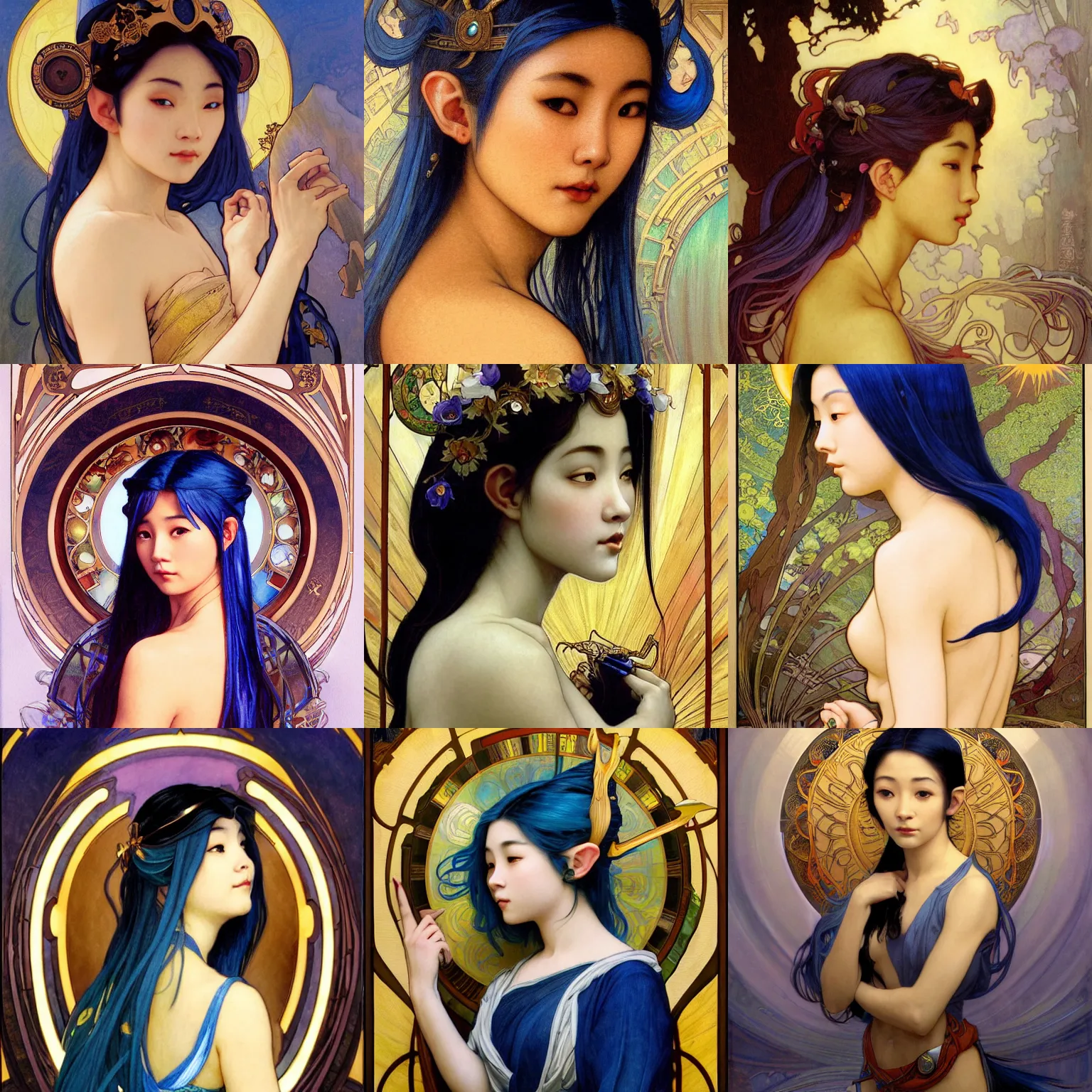 Prompt: stunning, breathtaking, awe-inspiring award-winning concept art nouveau painting of attractive young Asian woman with elf ears and blue hair, as the goddess of the sun, with anxious, piercing eyes, by Alphonse Mucha, Michael Whelan, William Adolphe Bouguereau, John Williams Waterhouse, and Donato Giancola, cyberpunk, extremely moody lighting, glowing light and shadow, atmospheric, cinematic, 8K