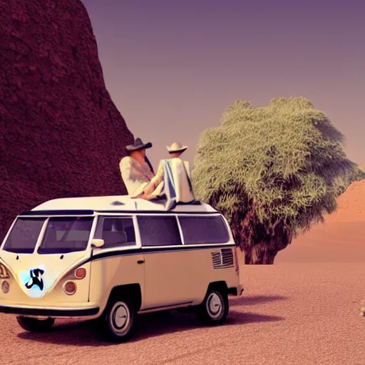 Image similar to a man wearing a hawaiian shirt standing by a volkswagen camper on a desert highway, digital painting, masterpiece, digital art, concept art, octane render, unreal engine 5, trending on deviantart, highly detailed, high quality, 4 k, realistic and detailed face, cinematic, high coherence, soft lighting, path traced, elegant, long black hair, cowboy hat,