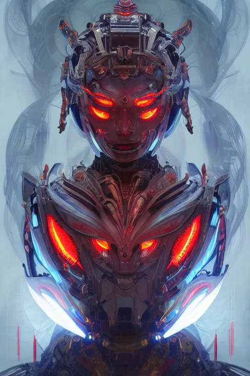 Image similar to asura from chinese myth, ghost, mecha, symmetrical. sci - fi, tech wear, glowing lights, intricate, elegant, highly detailed, digital painting, highly detailed, digital painting, artstation, concept art, smooth, sharp focus, illustration, art by artgerm and greg rutkowski and alphonse mucha