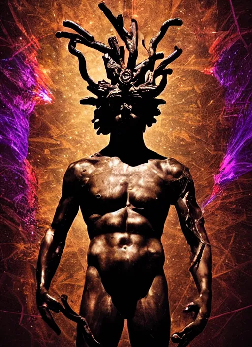 Prompt: dark design poster showing a heroic statue of dionysus, black background with very subtle red and purple design elements, powerful, nekro, vito acconci, thin straight lines, dark, glitch art, neo vaporwave, gritty, layout frame, square, trending on artstation