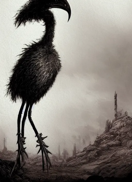 Image similar to goth emu, watercolor, dramatic lighting, cinematic, establishing shot, extremely high detail, foto realistic, cinematic lighting, pen and ink, intricate line drawings, by Yoshitaka Amano, Ruan Jia, Kentaro Miura, Artgerm, post processed, concept art, artstation, matte painting, style by eddie mendoza, raphael lacoste, alex ross