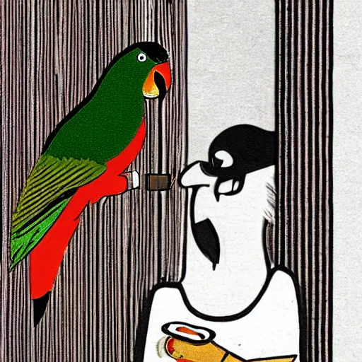 Prompt: ”parrot smoking a cigar in small japanese bar”