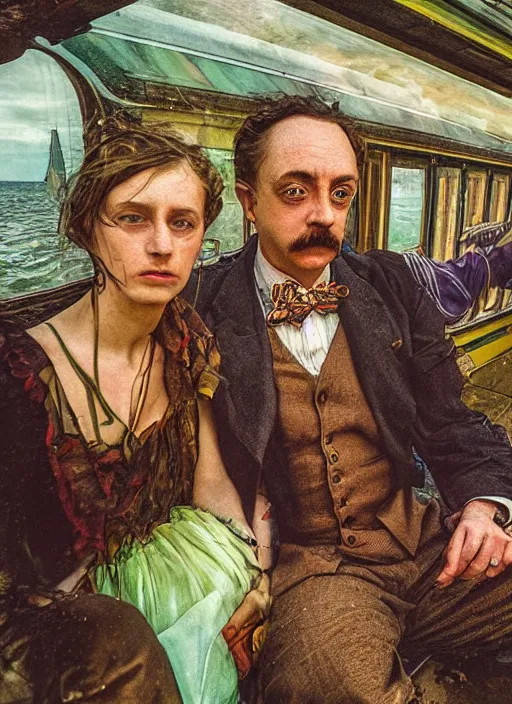 Image similar to detailed colourful masterpiece of photography by anne leibovitz couple portrait sat down extreme closeup, love, inside an underwater train, detailed realistic expressions, wearing unusual clothes, tsunami, by ford madox brown and william powell frith