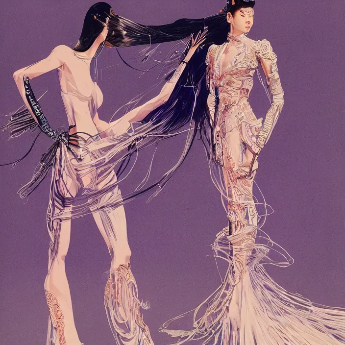 Prompt: chinese princess, full body, high fashion, futurist, aerodynamic, flowing, intricate, slick, highly detailed, digital painting, cyberpunk, concept art, smooth, sharp focus, hd, art by syd mead and bruce pennington and annie leibovitz