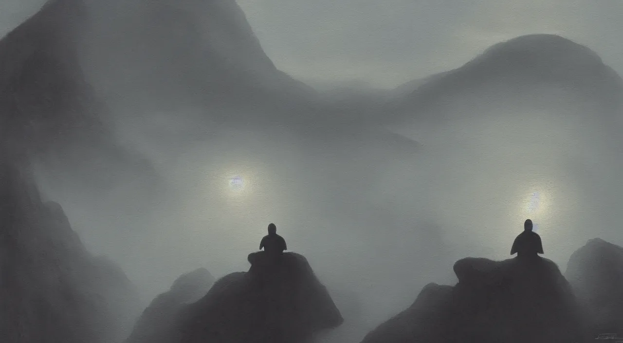 Prompt: anderson debernardi painted style a one silhouette of a meditating monk sitting in the fog on a stone protruding from the water in the rays of the morning sun