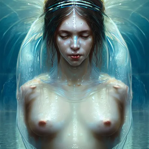 Prompt: a beautiful portrait of a water goddess with transparent skin and pure white pupils by Greg Rutkowski and Raymond Swanland, Trending on Artstation, water background, ultra realistic digital art