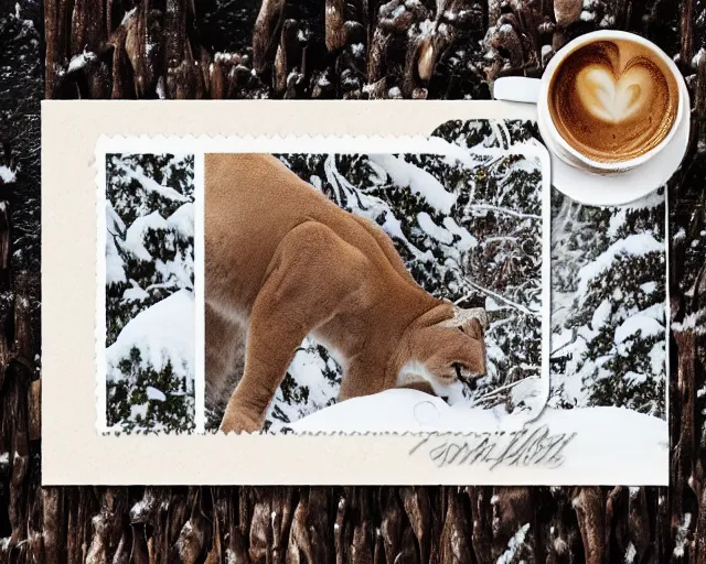 Image similar to ripped up postcard showing 'a cougar sleeping in the middle of snowy pine tree' laying on coffee table with stamp and damaged due to age, zoomed out shot, HD, iphone capture