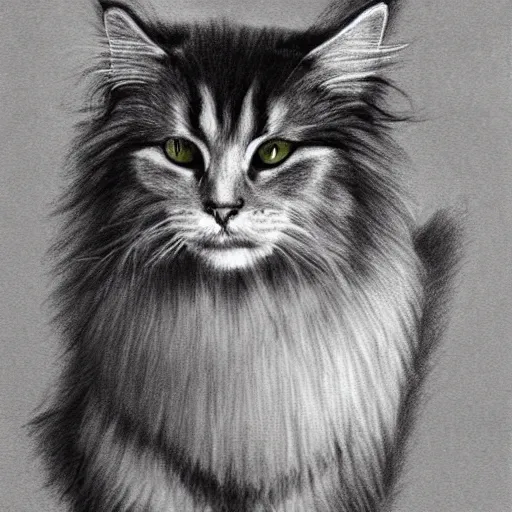 Prompt: long - haired siberian cat, illustration, charcoal, coulson, peter