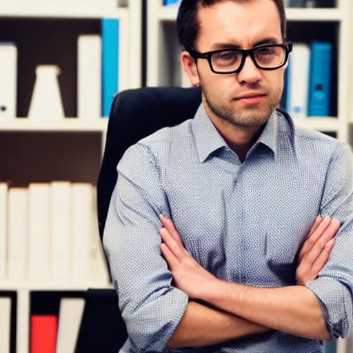 Prompt: a tired male man with glasses in an office