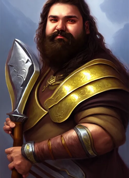 Image similar to a _ fantasy _ style _ portrait _ painting _ of esfandtv light brown male holy paladin with long wavy brown hair chubby and beard, hammer weapon, rpg dnd oil _ painting _ unreal _ 5 _ daz. _ rpg _ portrait _ extremely _ detailed _ artgerm _ greg _ rutkowski _ greg