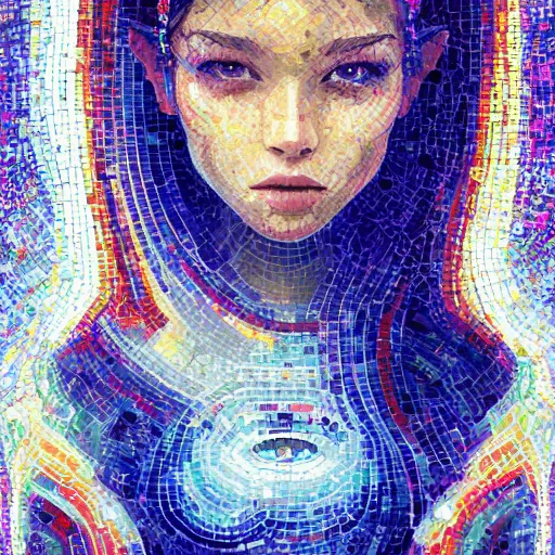 Prompt: mosaic portrait of a beautiful young girl with robot ears falling into the universe by Ross Tran, 4k, intricate details